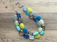 Load image into Gallery viewer, Seaglass Seascape Statement Necklace, chunky bib beaded jewelry, gray green royal blue necklace, lime dark blue beaded acrylic jewelry