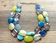 Load image into Gallery viewer, Seaglass Seascape Statement Necklace, chunky bib beaded jewelry, gray green royal blue necklace, lime dark blue beaded acrylic jewelry
