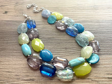 Load image into Gallery viewer, Seaglass Seascape Statement Necklace, chunky bib beaded jewelry, gray green royal blue necklace, lime dark blue beaded acrylic jewelry