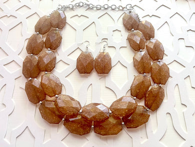 Chocolate Mocha Necklace, Double strand brown jewelry, big beaded bib chunky statement necklace, chunky bib statement, brown jewelry