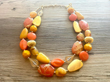 Load image into Gallery viewer, Golden Fall Leaves Statement Necklace, chunky bib beaded jewelry, neutral jewelry yellow orange turquoise necklace, beaded acrylic mustard