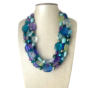 Jewel Tone Peacock Chunky Statement Necklace, Triple Strand Beaded Jewelry, Purple Blue Green jewelry, bridesmaid wedding bib