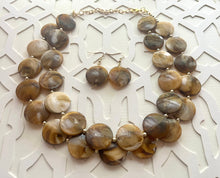 Load image into Gallery viewer, Neutral Statement Necklace, chunky beaded jewelry, chunky brown &amp; cream coffee necklace, color block beaded necklace, beaded jewelry tan
