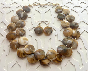 Neutral Statement Necklace, chunky beaded jewelry, chunky brown & cream coffee necklace, color block beaded necklace, beaded jewelry tan