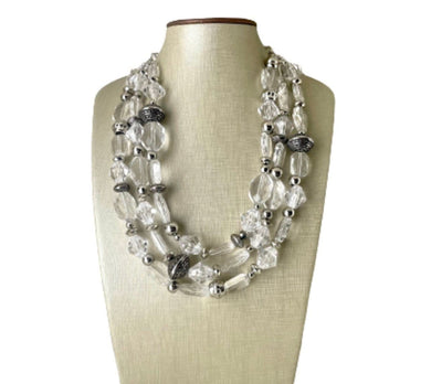 Silver and Clear statement necklace, lucite necklace, resin necklace, clear three strand chunky jewelry, silver Beaded Holiday Necklace