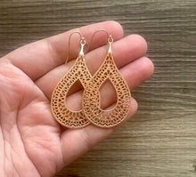 Load image into Gallery viewer, Matte Filigree Earrings, gold drop Metal Filigree Earrings, filigree jewelry, metallic gold jewelry cutout lace earrings, metal geometric