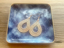 Load image into Gallery viewer, Matte Filigree Earrings, gold drop Metal Filigree Earrings, filigree jewelry, metallic gold jewelry cutout lace earrings, metal geometric
