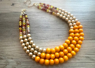 Fall Pumpkin Necklace, triple strand jewelry, big beaded chunky statement necklace, bridesmaid necklace champagne orange brown red