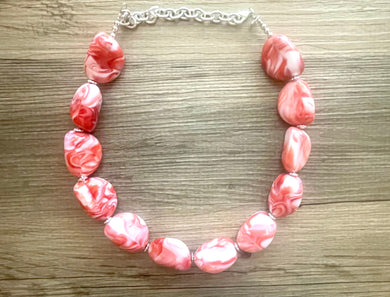 Red & White Necklace, single strand jewelry, big beaded chunky statement necklace, red resin swirl bridesmaid necklace, bib necklace