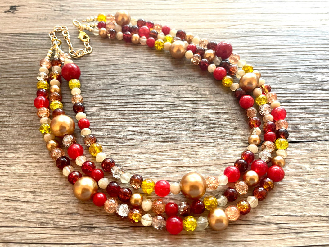 Fall Affair Necklace, Triple Layer Statement Jewelry, autumn Statement Necklace, deep red Wedding Bridesmaid Jewelry, yellow champagne