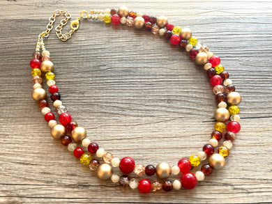 Fall Leaves Necklace, Double Layer Statement Jewelry, autumn Statement Necklace, deep red Wedding Bridesmaid Jewelry, yellow champagne