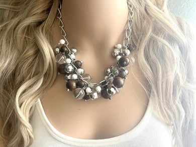 Funky Silver Cluster Chunky statement necklace, brown wood necklace, white silver chocolate beaded necklace jewelry