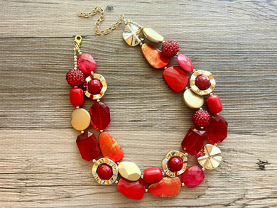 Golden Love Statement Necklace, chunky bib beaded jewelry, gold jewelry, red necklace, gold maroon beaded acrylic jewelry