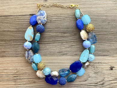 Modern Luxury Statement Necklace, chunky bib beaded jewelry, gold jewelry, royal blue necklace, gold dark blue beaded acrylic jewelry