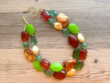 Load image into Gallery viewer, Christmas Carol Necklace, Red Green and BLING! Holiday Jewelry, Christmas Jewelry, Gold Jewelry, Beaded Gift Christmas Present