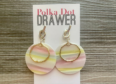 Rainbow Stripe Shiny Drop Earrings, knot gold drop Earrings, Metal Geometric Earrings, shiny gold jewelry metal confetti pastel white