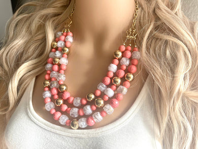 Gold & Coral extra chunky Statement Necklace, multi strand coral jewelry, chunky statement necklace, beaded coral necklace jewelry