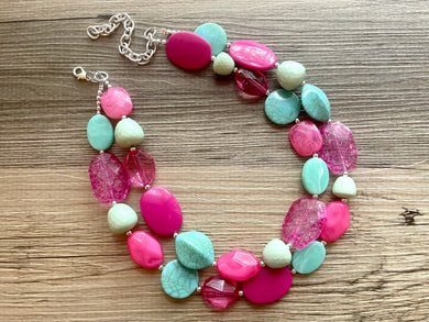 Watermelon Patch Statement Necklace, chunky bib beaded jewelry, neutral jewelry, pink green necklace, beaded acrylic jewelry coral
