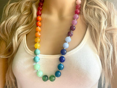 Colorful Rainbow Long Statement Necklace, Ball Beaded Jewelry, silver accent chunky single strand long jewelry