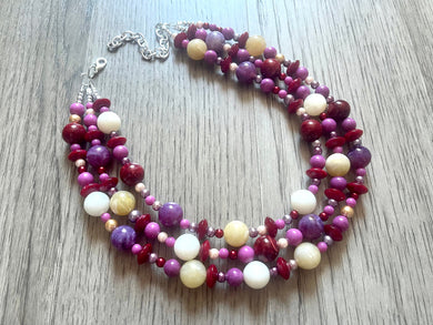 Fall Berry Statement Necklace, Chunky 3 Strand Jewelry, purple necklace champagne red necklace, red bib beaded necklace