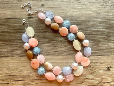 East Coast Peach Statement Necklace, big Beaded Chunky Jewelry, Double Strand wedding blue dress necklace, pink jewelry silver