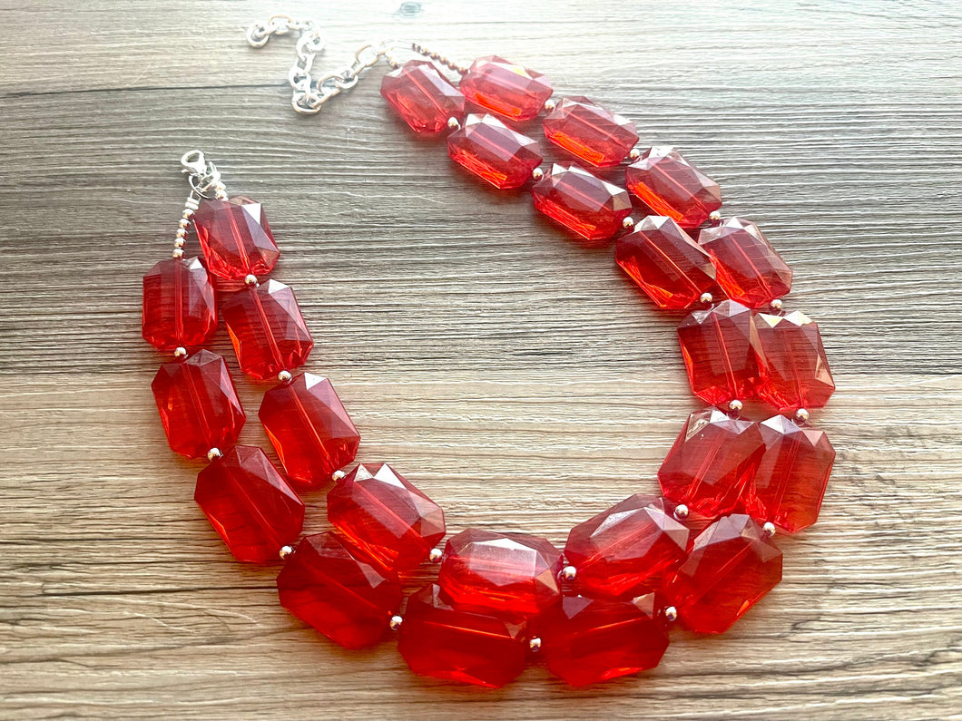 Cherry Red Chunky Statement Necklace, Double Layer Acrylic Bead Jewelry, red earrings, red jewelry set, big bead red necklace ruby