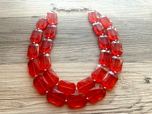 Cherry Red Chunky Statement Necklace, Double Layer Acrylic Bead Jewelry, red earrings, red jewelry set, big bead red necklace ruby