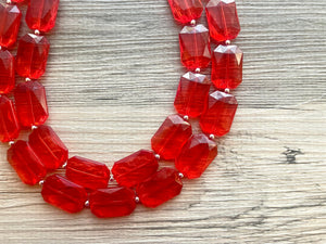 Cherry Red Chunky Statement Necklace, Double Layer Acrylic Bead Jewelry, red earrings, red jewelry set, big bead red necklace ruby