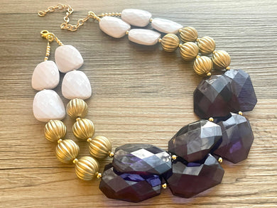 Nautical Chunky Statement Necklace, Big beaded jewelry, Double Strand Statement Necklace, navy blue an white, gold navy necklace, white gold