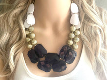 Load image into Gallery viewer, Nautical Chunky Statement Necklace, Big beaded jewelry, Double Strand Statement Necklace, navy blue an white, gold navy necklace, white gold