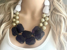 Load image into Gallery viewer, Nautical Chunky Statement Necklace, Big beaded jewelry, Double Strand Statement Necklace, navy blue an white, gold navy necklace, white gold