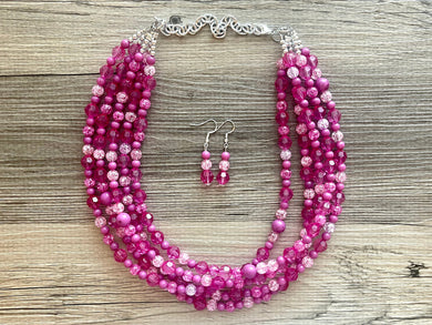 Pink Ombré Chunky Statement Necklace, multi Strand Beaded Jewelry, dark pink magenta  glass jewelry, 5 strand chunky bib earrings