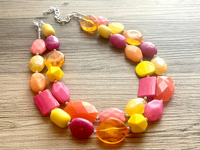 Endless Summer OOAK chunky beaded statement necklace, peach gray aqua green necklace, lime green hot pink light pink blush