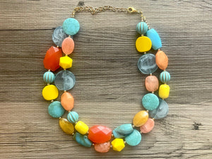 Mango Sherbet Chunky Statement Necklace, Big beaded jewelry, Double Strand Statement Necklace, Bib turquoise blue orange yellow beads