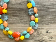 Load image into Gallery viewer, Mango Sherbet Chunky Statement Necklace, Big beaded jewelry, Double Strand Statement Necklace, Bib turquoise blue orange yellow beads