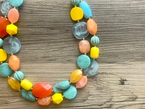 Mango Sherbet Chunky Statement Necklace, Big beaded jewelry, Double Strand Statement Necklace, Bib turquoise blue orange yellow beads