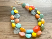 Load image into Gallery viewer, Mango Sherbet Chunky Statement Necklace, Big beaded jewelry, Double Strand Statement Necklace, Bib turquoise blue orange yellow beads