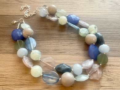 Ocean Breeze Green Blue beaded crystal statement Necklace jewelry chunky bib Kelly Green beaded cream blue, bubblegum bead gray