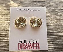 Load image into Gallery viewer, Aurora Borealis Round Cluster Rhinestone Earrings, Circle metallic Jewelry, Statement pierced stud Jewelry 18mm fancy sunburst pair