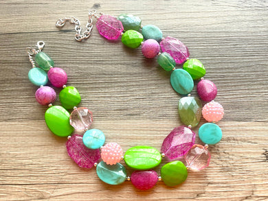Mermaid Tail Fin Statement Necklace, chunky bib beaded jewelry, Rainbow jewelry, pink mint green silver necklace, beaded acrylic jewelry