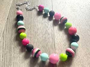 Black Green & Pink Chunky Statement Necklace single Strand Beaded jewelry, bridesmaid bib wedding ball bead, bubblegum necklace