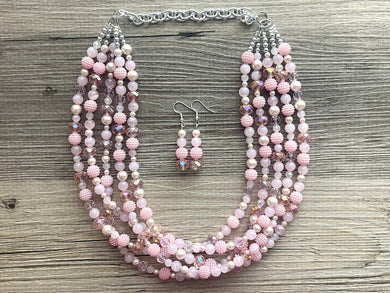 Blush Pink Ombré Chunky Statement Necklace, multi Strand Beaded Jewelry, baby pink glass jewelry, 5 strand chunky bib earrings