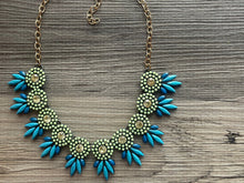 Load image into Gallery viewer, Textured Rhinestone Blue &amp; Green  Statement Necklace, Big Pendant necklace, chunky beaded blue necklace, fall wedding