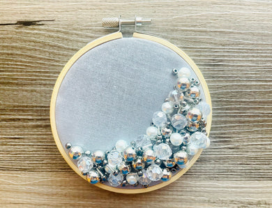 Gray Beaded Hoop, Clear White Embroidered Circle, Gallery Wall 3D Art White Decor, beaded wall hanging canvas, Bead Ring 4.25” quilted ring