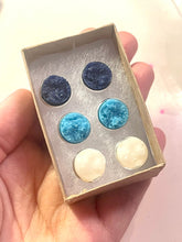 Load image into Gallery viewer, Set of 3 Blue Ombré earrings, 12mm earrings, sparkle earrings, stud earrings, blue statement jewelry, aqua white earrings