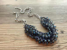 Load image into Gallery viewer, Blue Crystal Statement Necklace Jewelry Set, Chunky Jewelry Big Beaded Crocheted Necklace, silver Necklace, gray Jewelry Set