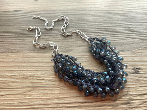 Blue Crystal Statement Necklace Jewelry Set, Chunky Jewelry Big Beaded Crocheted Necklace, silver Necklace, gray Jewelry Set