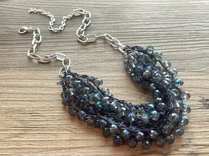 Blue Crystal Statement Necklace Jewelry Set, Chunky Jewelry Big Beaded Crocheted Necklace, silver Necklace, gray Jewelry Set