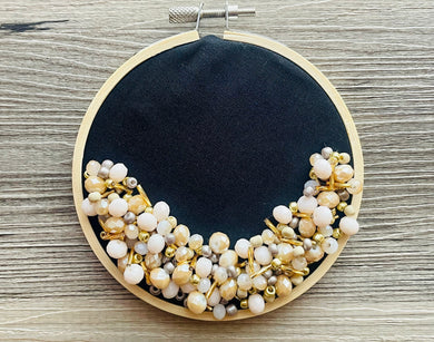 Black Beaded Hoop, Champagne Gold Embroidered Circle, Gallery Wall 3D Art Gray Decor, beaded wall hanging canvas, Bead Ring quilted ring