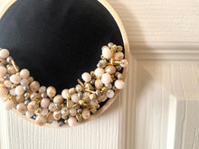 Load image into Gallery viewer, Black Beaded Hoop, Champagne Gold Embroidered Circle, Gallery Wall 3D Art Gray Decor, beaded wall hanging canvas, Bead Ring quilted ring